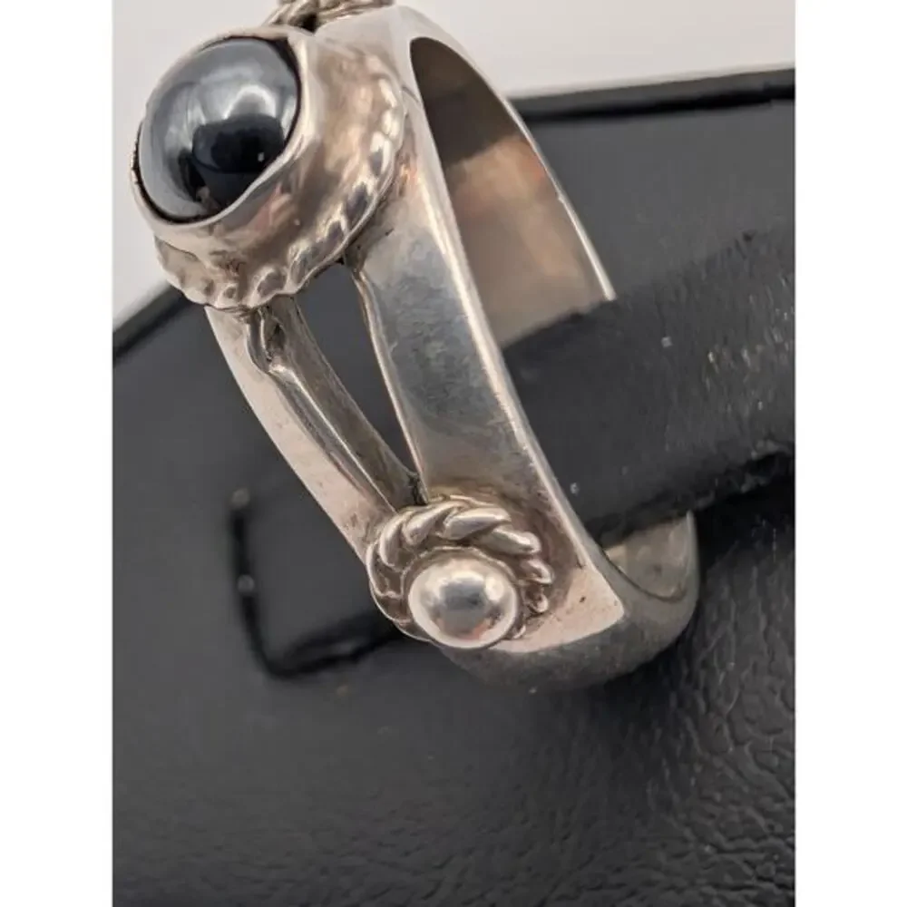 Vintage Mexico 925 Sterling Silver Hematite Ring‎ Sculptural Bypass Style 6.25